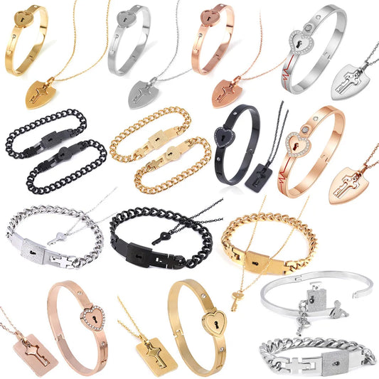 Couple Jewelry Stainless Steel Bracelet Love Lock Bracelet Can Be Opened Key Pendant Necklace Men And Women Valentine's Day Gift