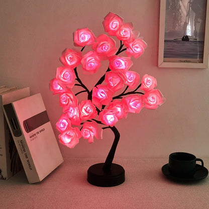 24-lamp LED Simulation Rose Tree Light USB Switch Detachable Plastic Base Festive Decorative Atmosphere Night Light