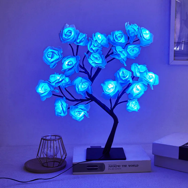 24-lamp LED Simulation Rose Tree Light USB Switch Detachable Plastic Base Festive Decorative Atmosphere Night Light