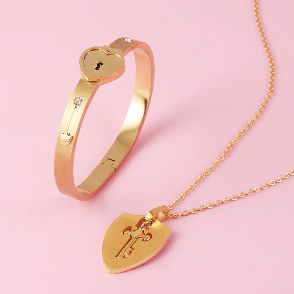 Couple Jewelry Stainless Steel Bracelet Love Lock Bracelet Can Be Opened Key Pendant Necklace Men And Women Valentine's Day Gift