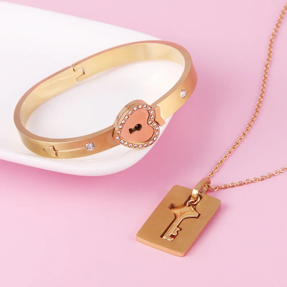Couple Jewelry Stainless Steel Bracelet Love Lock Bracelet Can Be Opened Key Pendant Necklace Men And Women Valentine's Day Gift