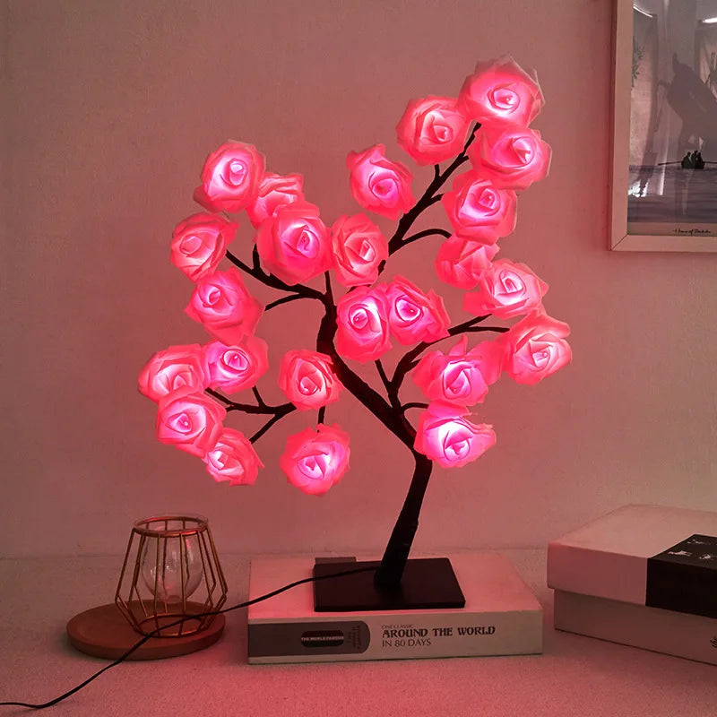24-lamp LED Simulation Rose Tree Light USB Switch Detachable Plastic Base Festive Decorative Atmosphere Night Light