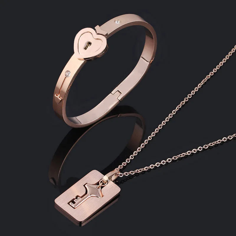 Couple Jewelry Stainless Steel Bracelet Love Lock Bracelet Can Be Opened Key Pendant Necklace Men And Women Valentine's Day Gift