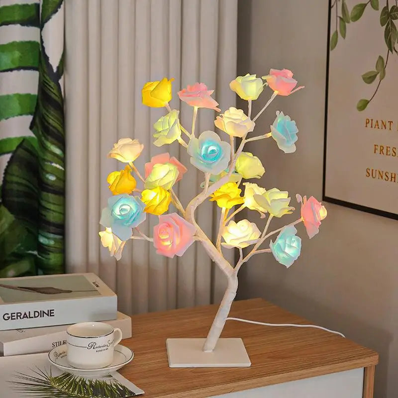24-lamp LED Simulation Rose Tree Light USB Switch Detachable Plastic Base Festive Decorative Atmosphere Night Light