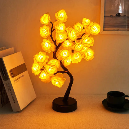 24-lamp LED Simulation Rose Tree Light USB Switch Detachable Plastic Base Festive Decorative Atmosphere Night Light